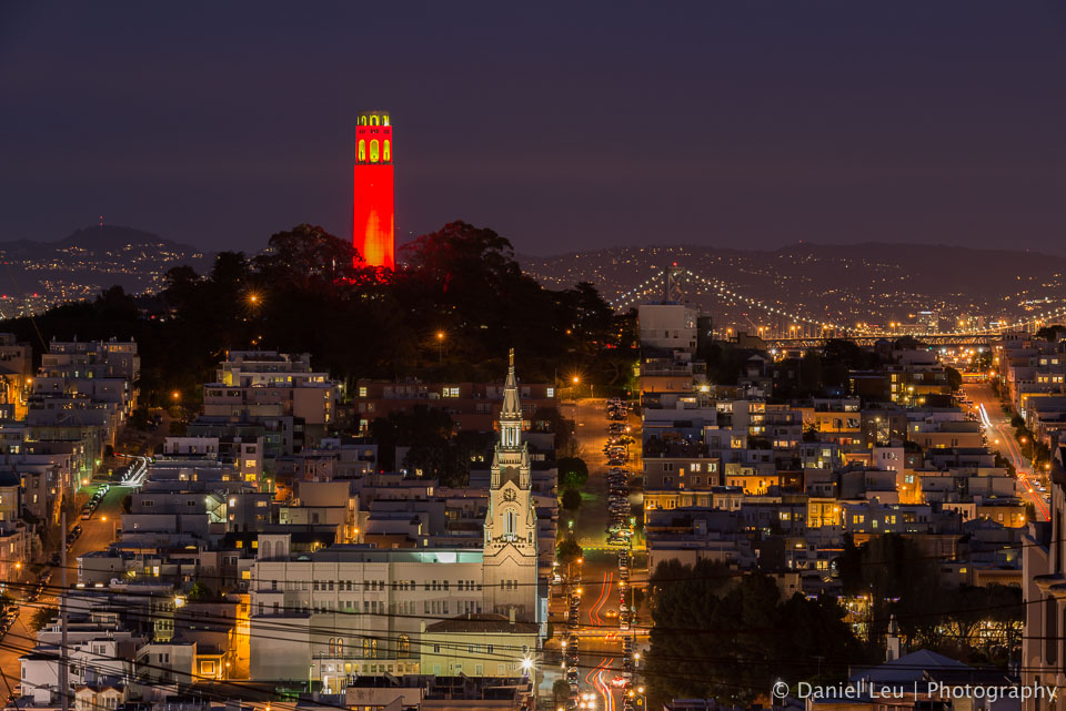 Coit Tower in red celebrating the 49ers post season run
