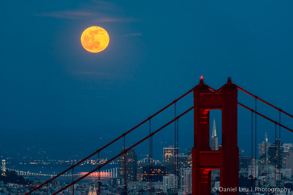 Golden Gate Bridge framing Transamerica with Full Moon