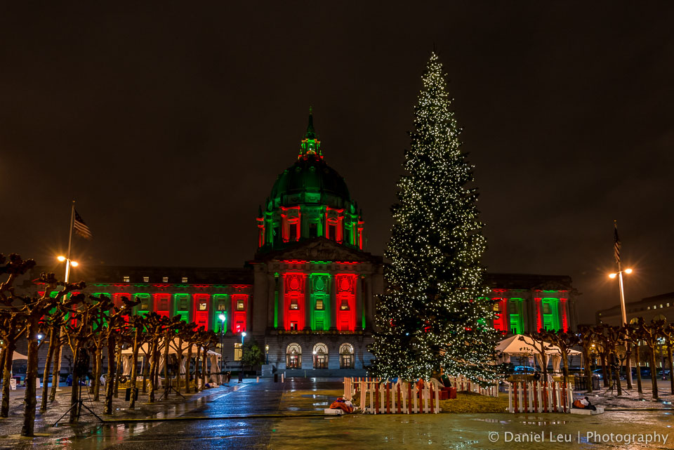 San Francisco City Hall in Festive Colors and Christmas Tree
