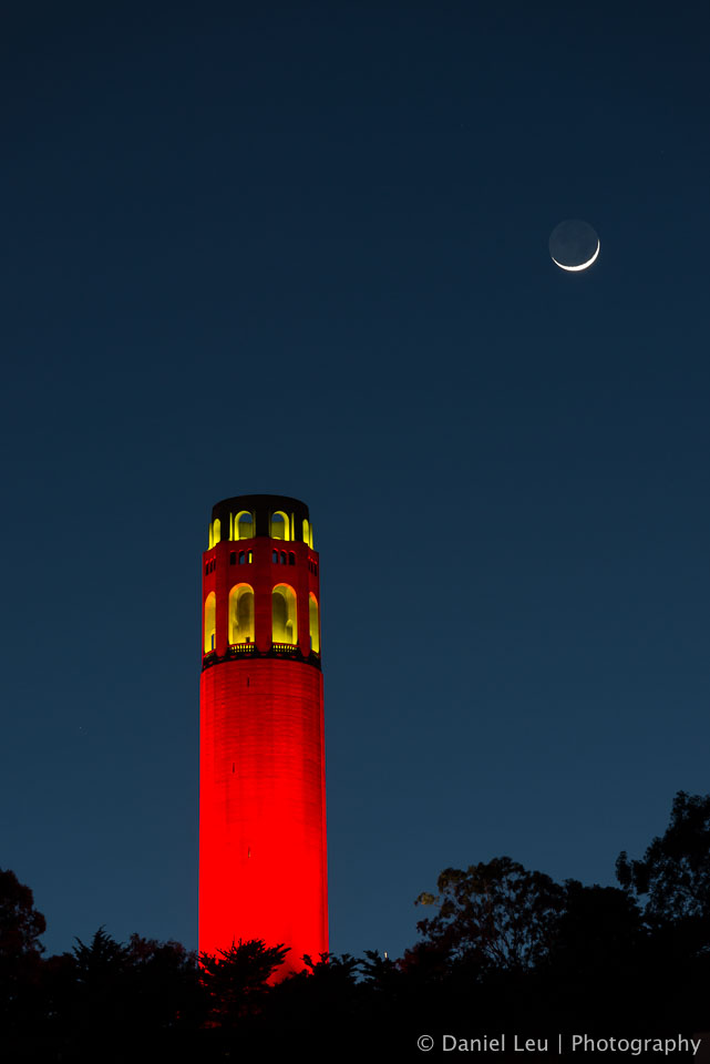 Coit Tower in red and moon crescent celebrating the 49er's post season run